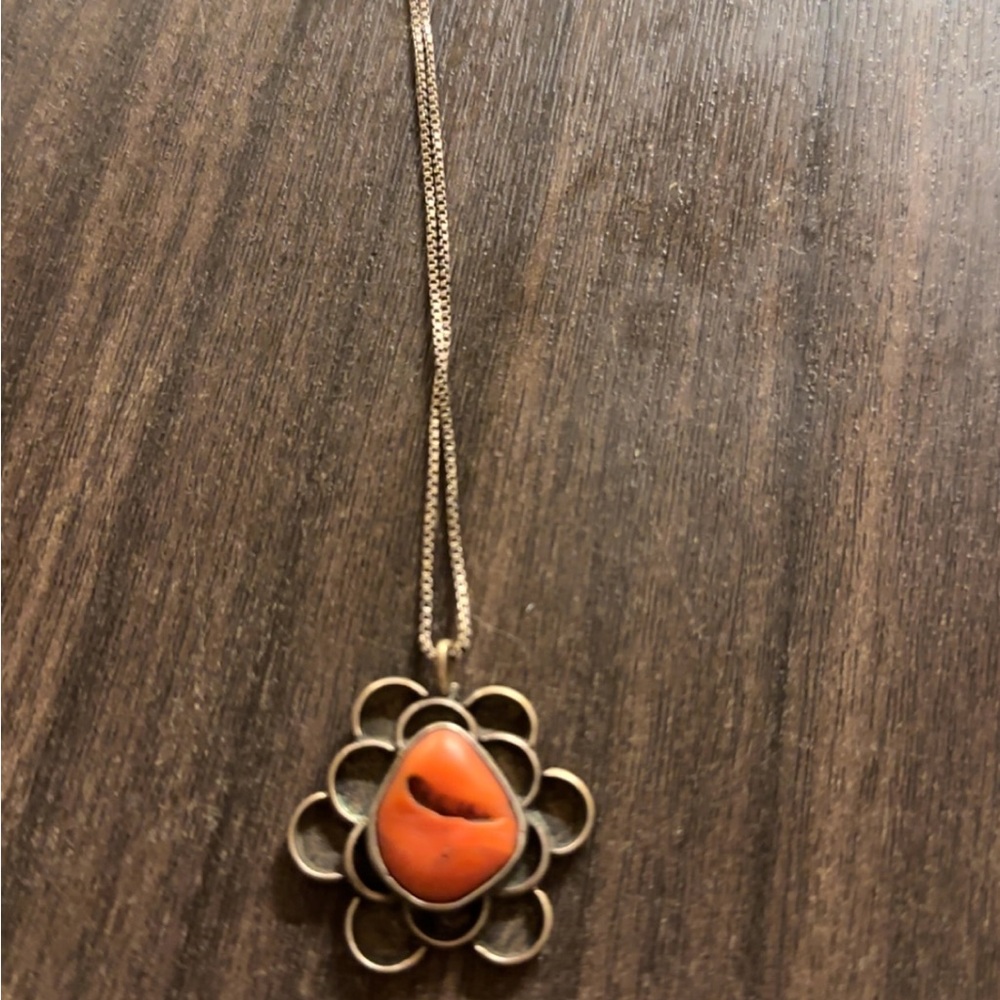 Sterling Silver Floral Pendant Necklace with Corral and silver chain.